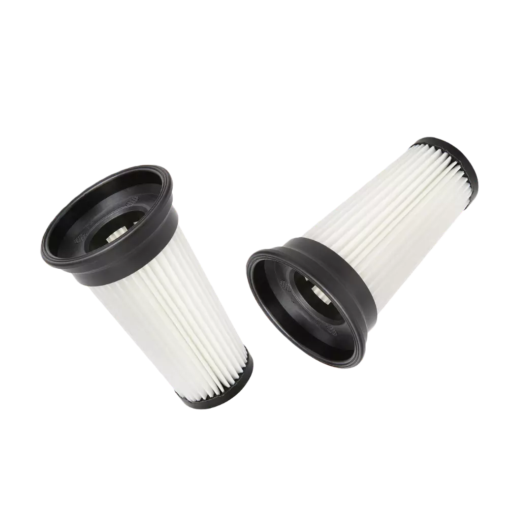 Two cylindrical vacuum filters with black ends on a white background
