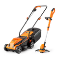 Orange and black lawn mower and trimmer set on a white background