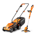 Orange and black lawn mower and trimmer set on a white background