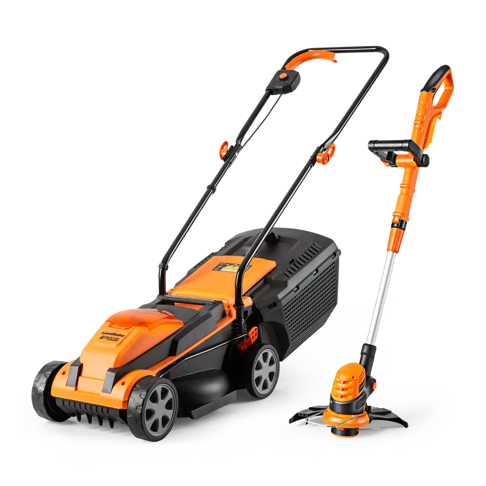 Orange and black lawn mower and trimmer set on a white background