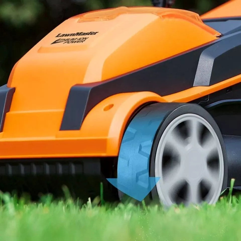 Orange and black Lawn mower on grass with 'LawnMower' branding.