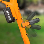 Orange power tool with 'MX 24V' branding on a blurred green background