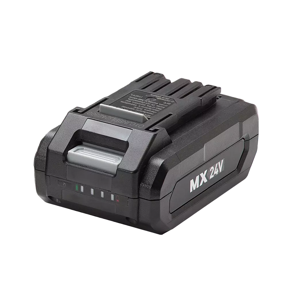 Black battery pack with 'MX 24V' branding on a white background