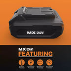 Black MX 24V battery pack on an orange background with feature icons below.