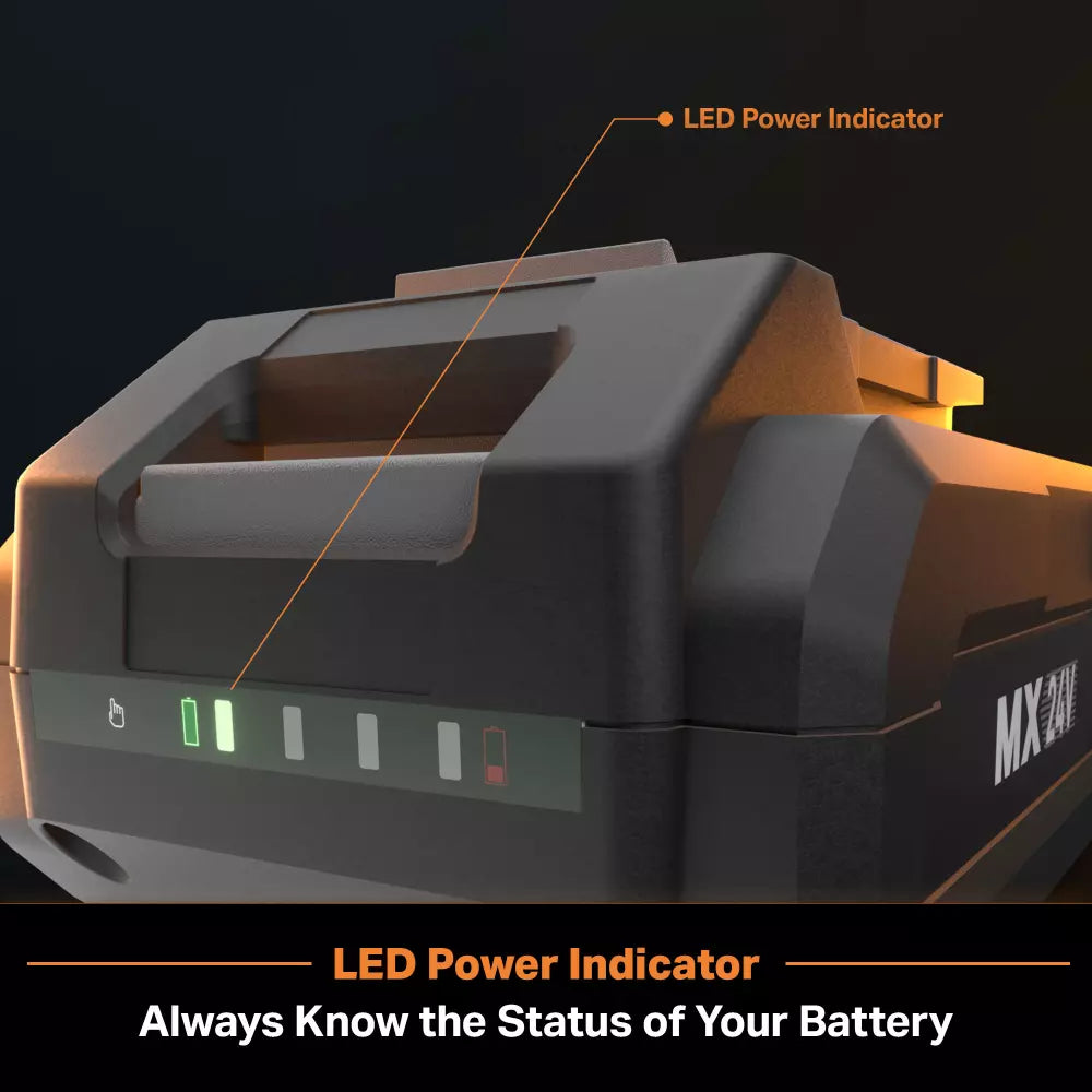 Battery pack with LED power indicator on a dark background