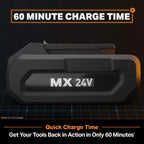 MX 24V battery charger with text about quick charge time on a dark background
