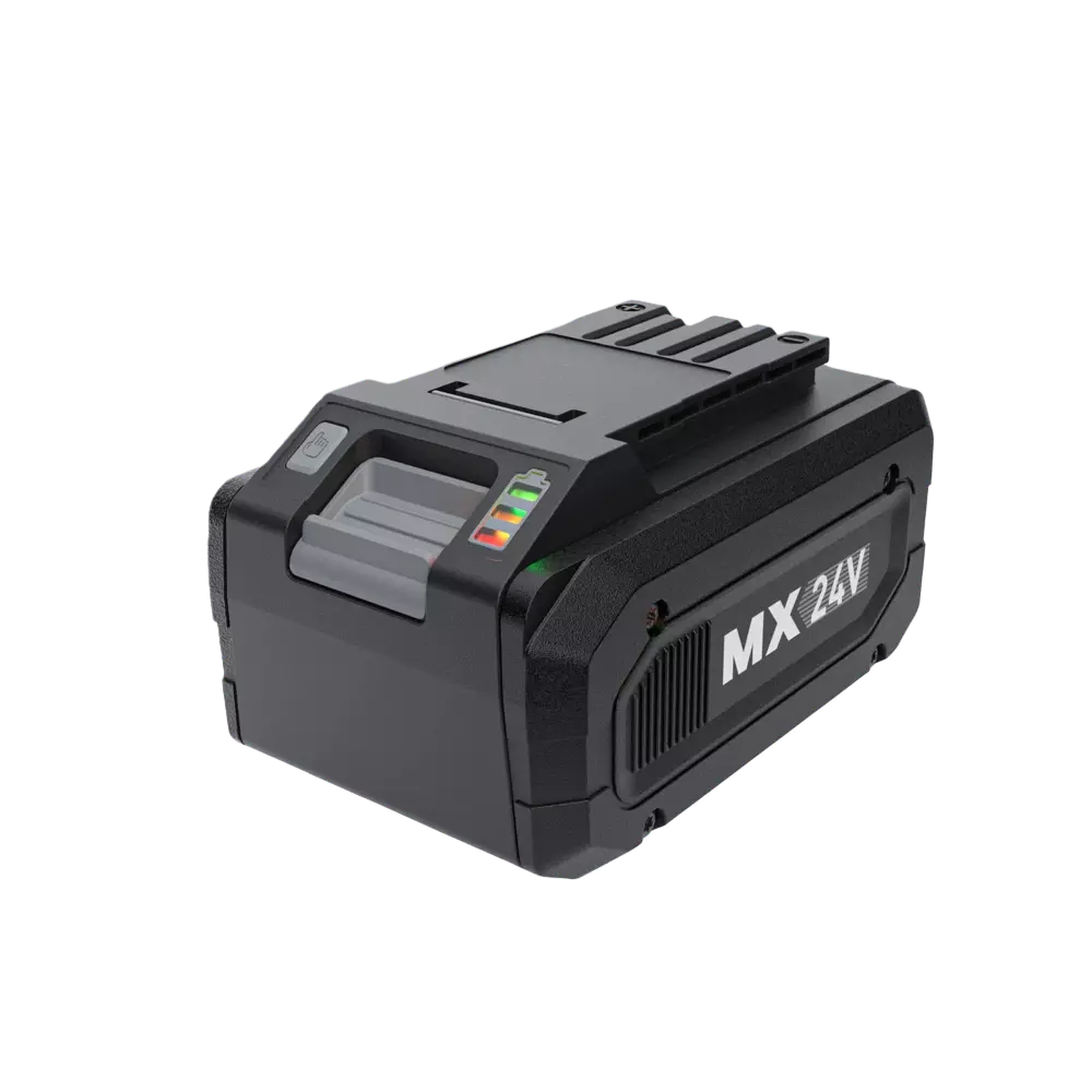 Black battery pack with 'MX 24V' branding on a white background