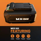 MX 24V battery pack on an orange background with protective feature icons below.