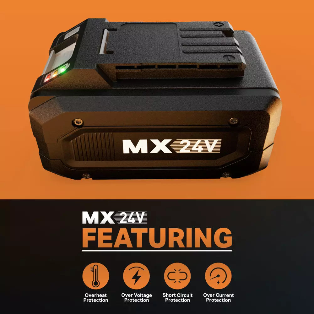 MX 24V battery pack on an orange background with protective feature icons below.