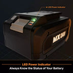 Battery pack with LED power indicator on a dark background