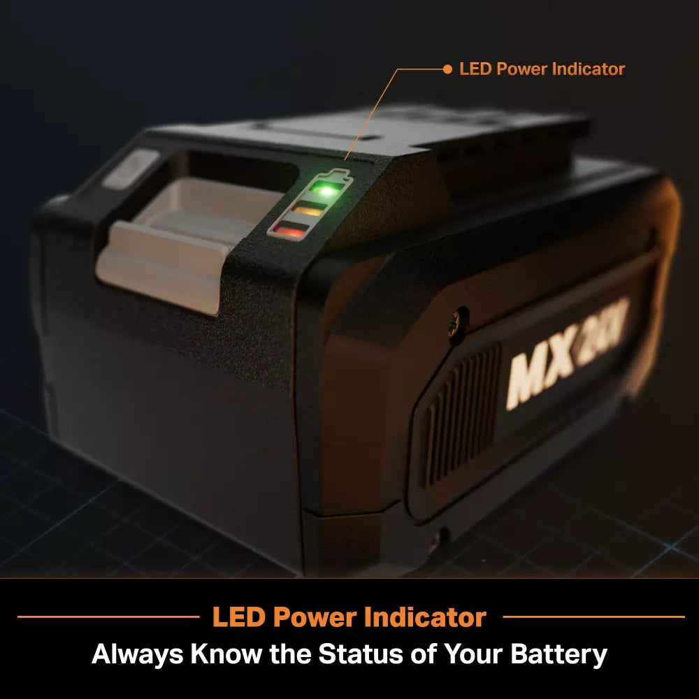 Battery pack with LED power indicator on a dark background