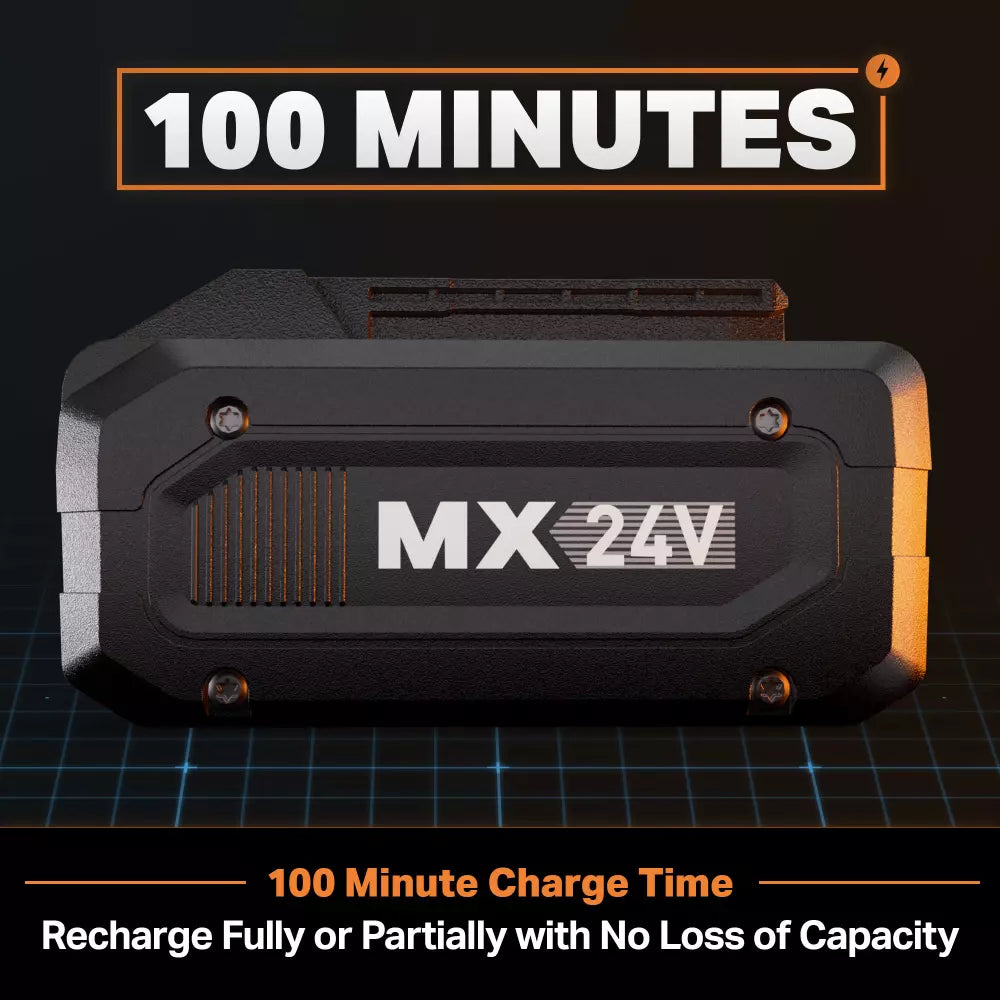 MX 24V battery pack with '100 Minutes' text on a dark background