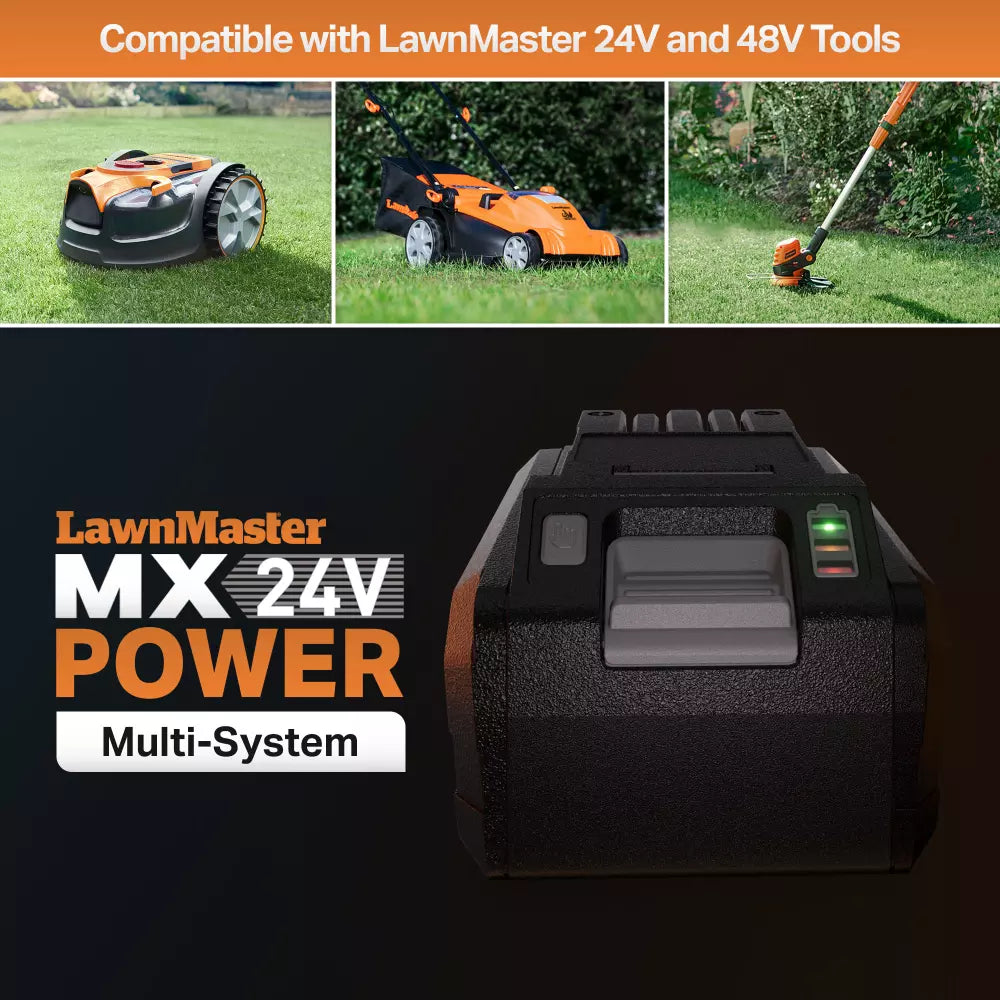 LawnMaster MX 24V Power Multi-System battery with gardening tools on grass