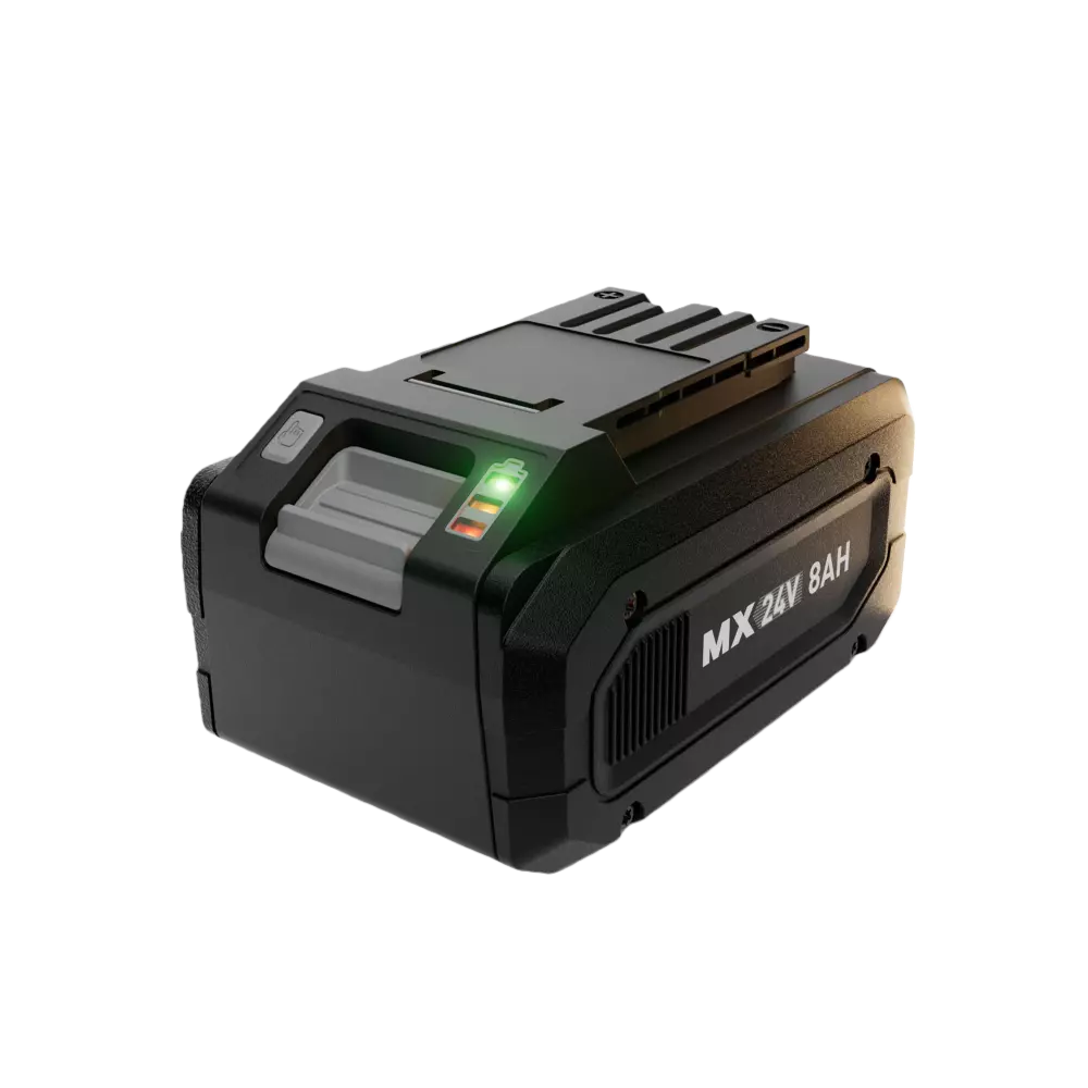 Black battery pack with 'MX 24V 8AH' text on a white background