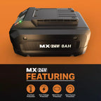 MX 24V 8AH battery pack on an orange background with protective feature icons below.