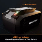 Battery pack with LED power indicator on a dark background