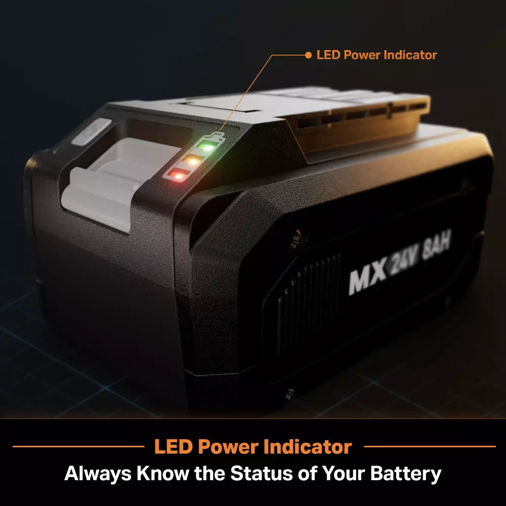 Battery pack with LED power indicator on a dark background