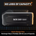 Battery pack with 'MX 24V 8AH' label on a dark background