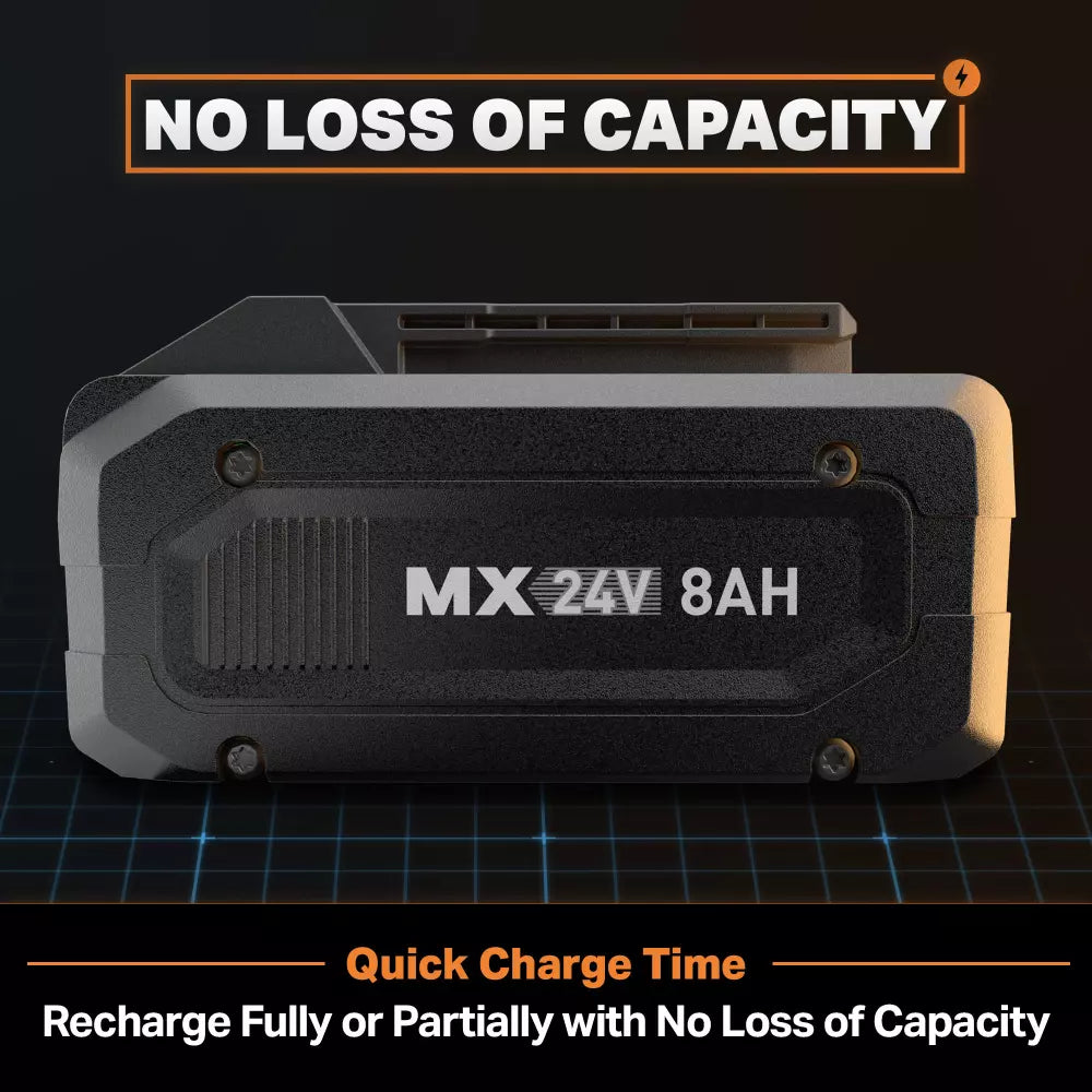 Battery pack with 'MX 24V 8AH' label on a dark background