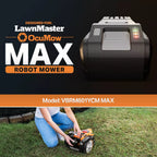 LawnMaster OcuMow MAX robot mower with a person operating it on grass.