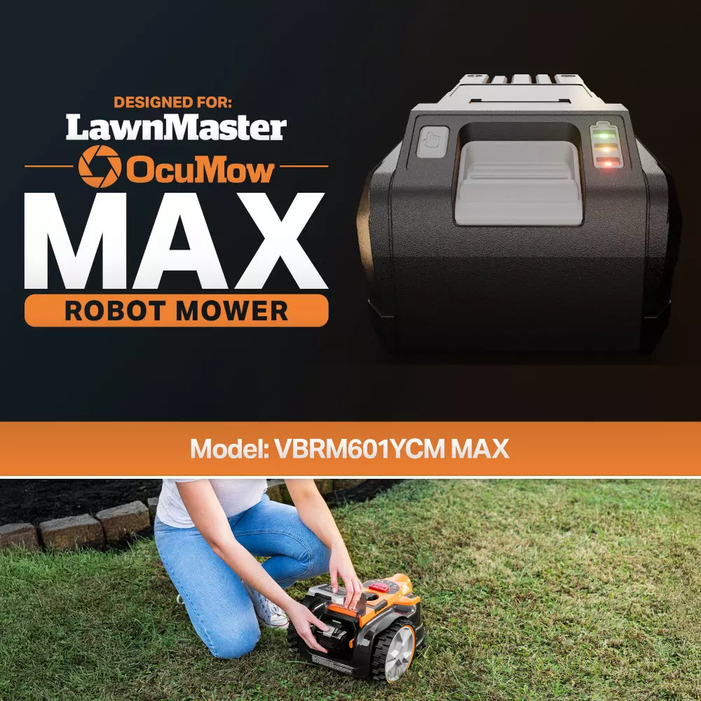 LawnMaster OcuMow MAX robot mower with a person operating it on grass.