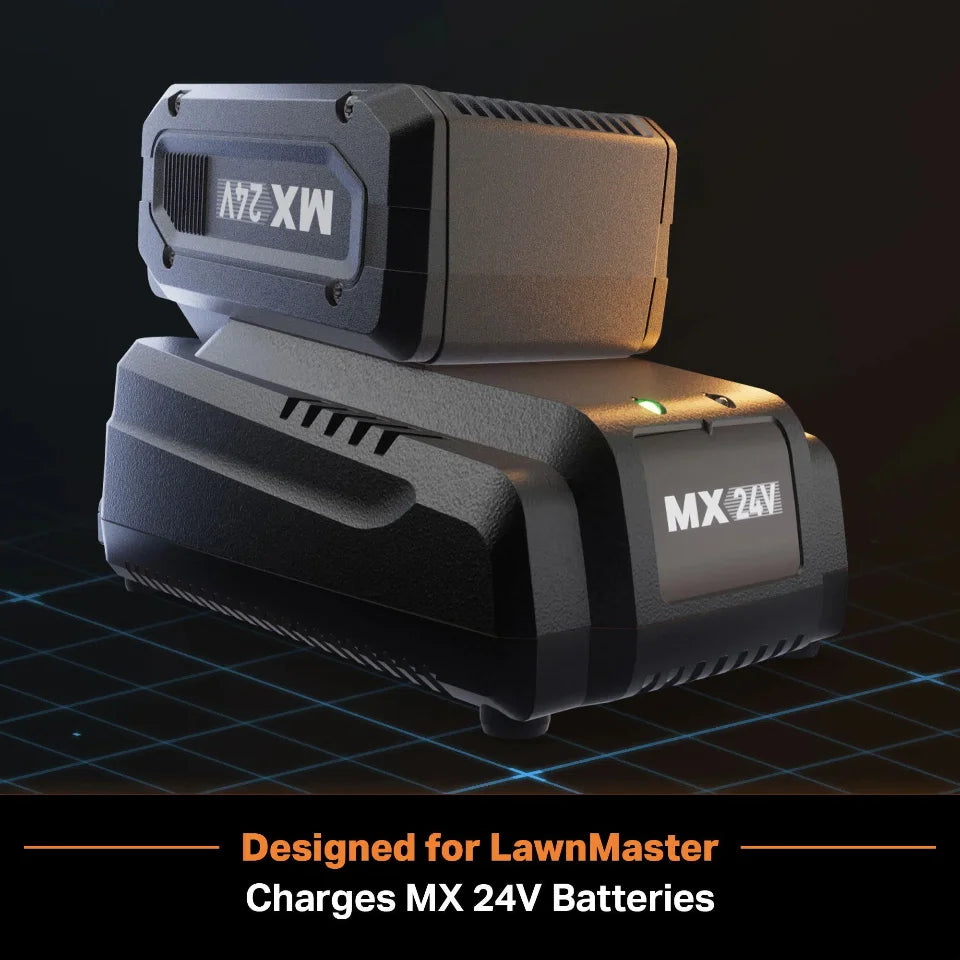 MX 24V battery charger on a dark grid background with 'LawnMaster' branding.
