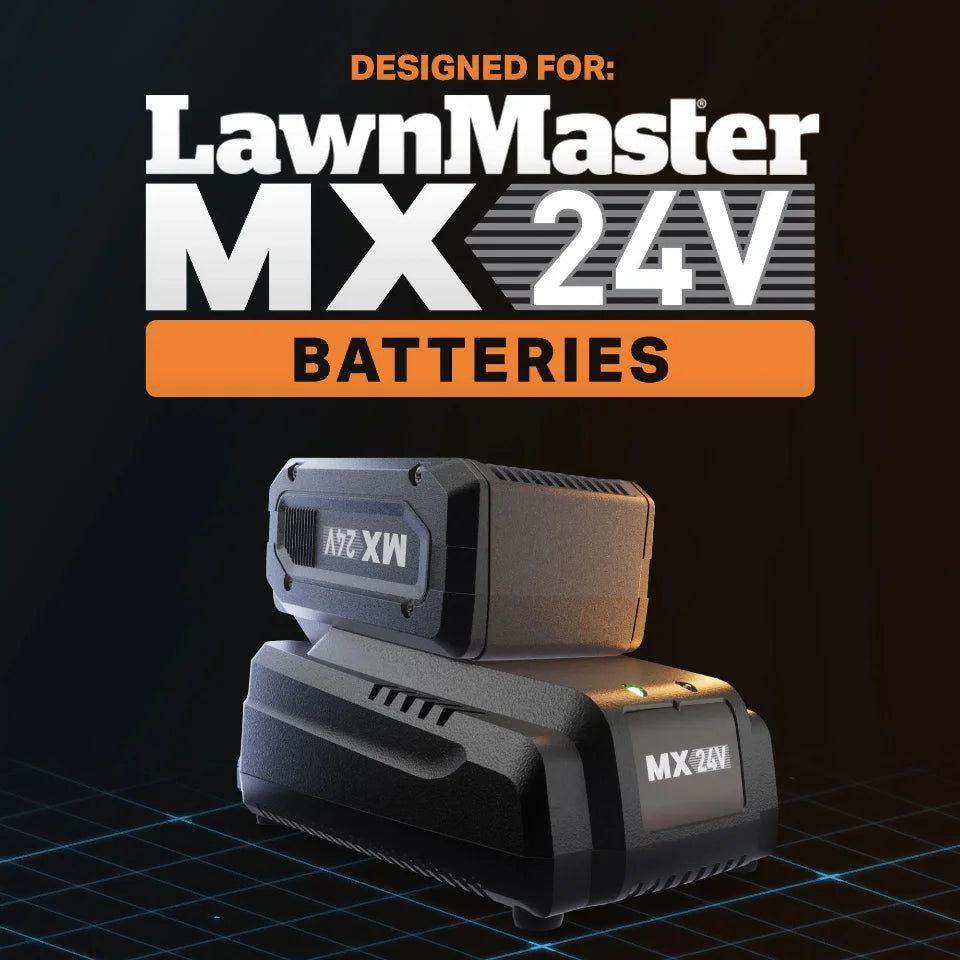 LawnMaster MX 24V batteries on a dark background