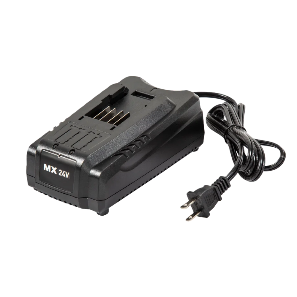 Black MX 24V battery charger with power cord on a white background