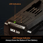 MX 24V battery with LED indicators on a dark background