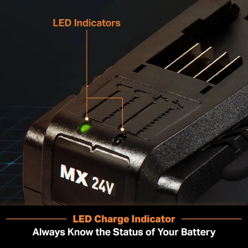 MX 24V battery with LED indicators on a dark background