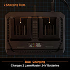 Dual-charging station for LawnMaster 24V batteries with labeled charging slots.