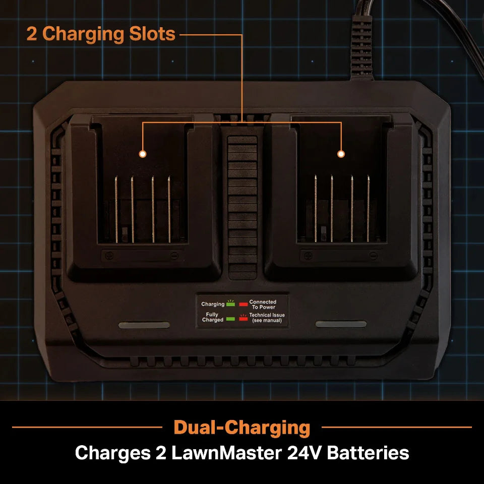 Dual-charging station for LawnMaster 24V batteries with labeled charging slots.