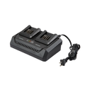 Black dual battery charger with power cord on a white background