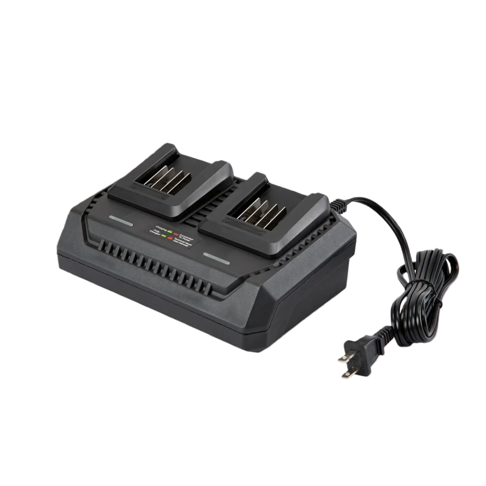 Black dual battery charger with power cord on a white background