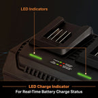 Battery charger with LED indicators and charge status display on a dark background