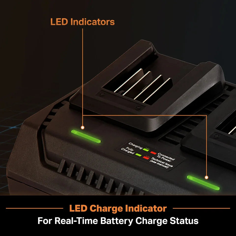 Battery charger with LED indicators and charge status display on a dark background