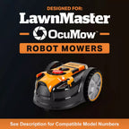 Robot mower with LawnMaster and OcuMow branding on a black background