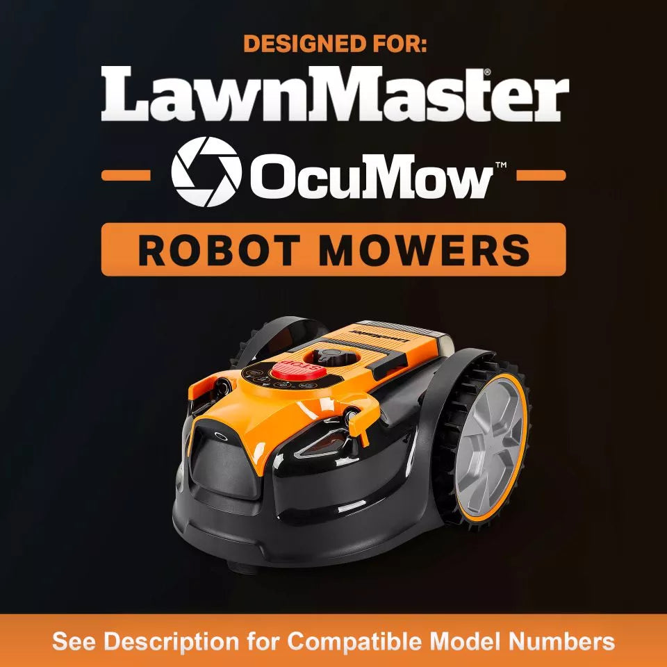 Robot mower with LawnMaster and OcuMow branding on a black background