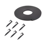 Black plastic strip with circular component and six stakes on a white background