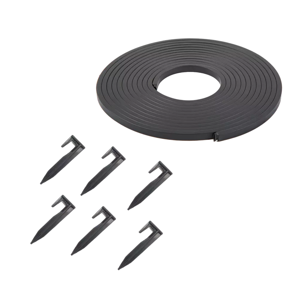 Black plastic strip with circular component and six stakes on a white background