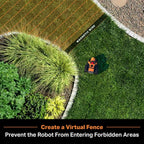 Robot lawn mower on grass with magnetic wire marking a boundary, text 'Create a Virtual Fence' and 'Prevent the Robot From Entering Forbidden Areas'.