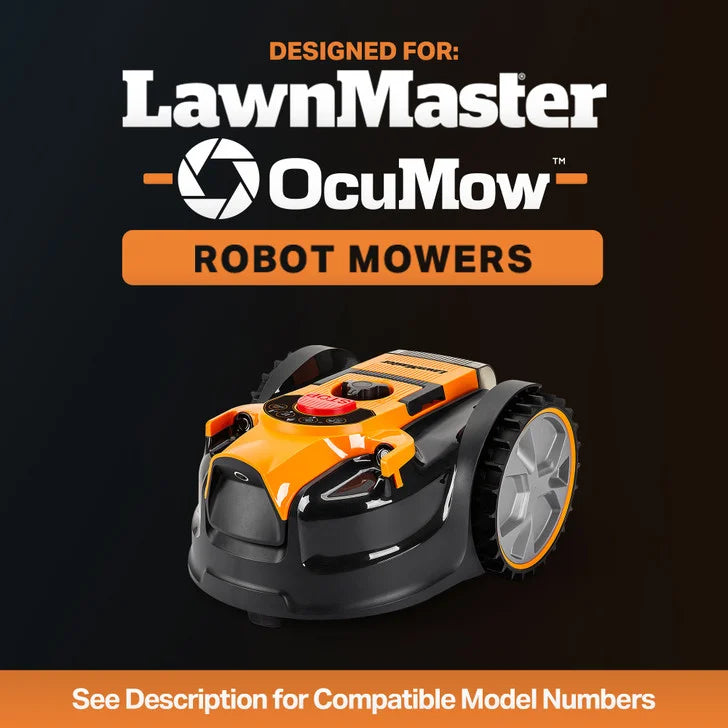 Robot mower with 'LawnMaster OcuMow' branding on a black background