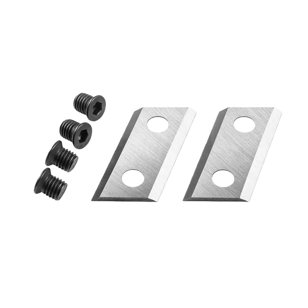 Two metal blades with screws on a white background