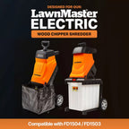 LawnMaster electric wood chipper shredder with black and orange design on a dark background.