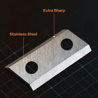 Stainless steel blade with 'Extra Sharp' and 'Stainless Steel' text on a dark background
