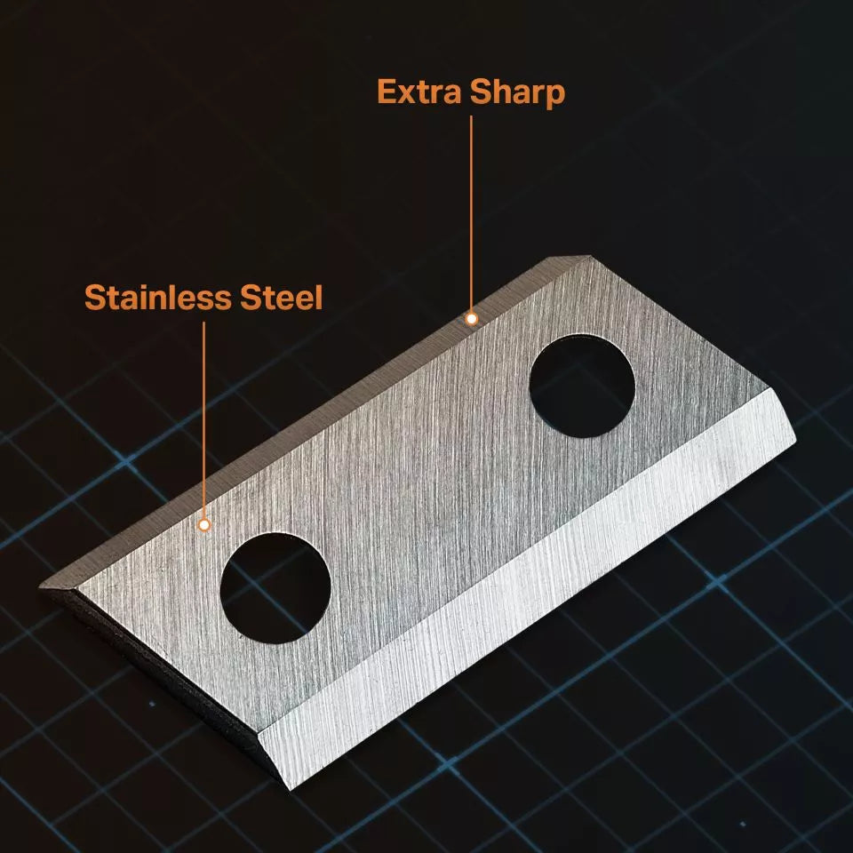 Stainless steel blade with 'Extra Sharp' and 'Stainless Steel' text on a dark background