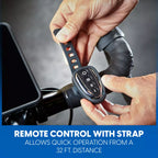 Hand holding a remote control with strap attached to a vehicle's key fob, with text indicating its range.