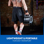 Person holding a portable device in a gym setting with text 'Lightweight & Portable for Easy Transport'.