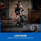 Person using a stationary bike in a gym setting with text 'Low Noise, Perfect for the Home or Gym'.