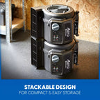 Stackable storage unit with 'Aero' branding on a concrete floor.